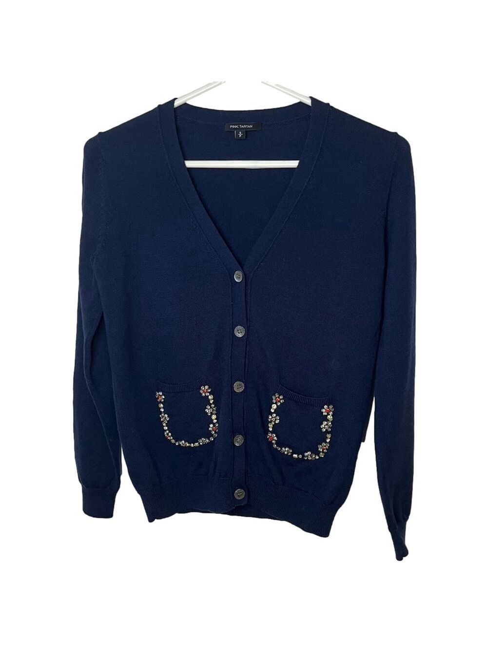 PINK TARTAN Bejeweled Cardigan Sweater Navy Blue V-neck Rhinestone Flowers Small